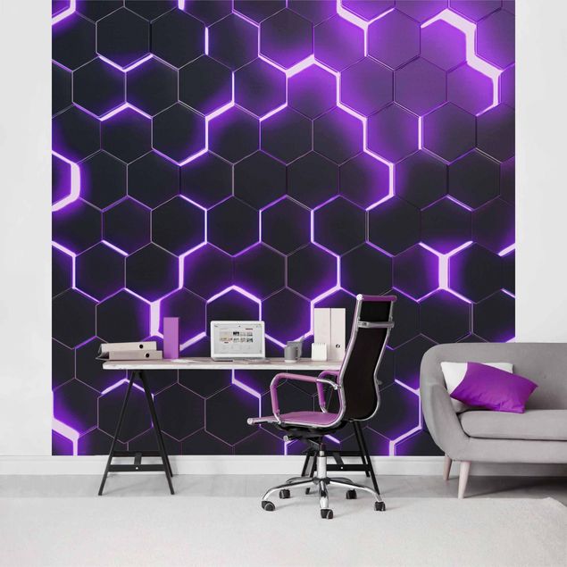 Fototapete - Strukturierte Hexagone mit Neonlicht in Lila