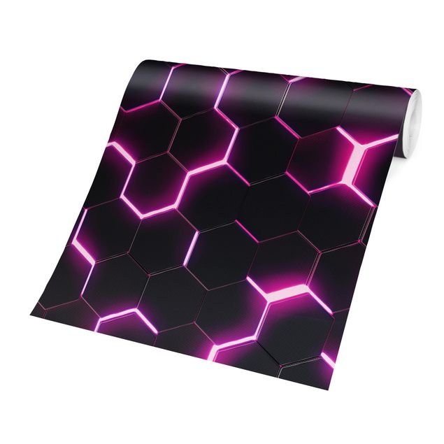 Fototapete - Strukturierte Hexagone mit Neonlicht in Pink
