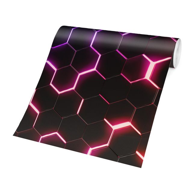 Fototapete - Strukturierte Hexagone mit Neonlicht in Rosa und Lila