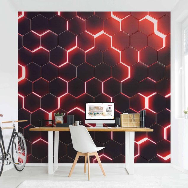 Fototapete - Strukturierte Hexagone mit Neonlicht in Rot
