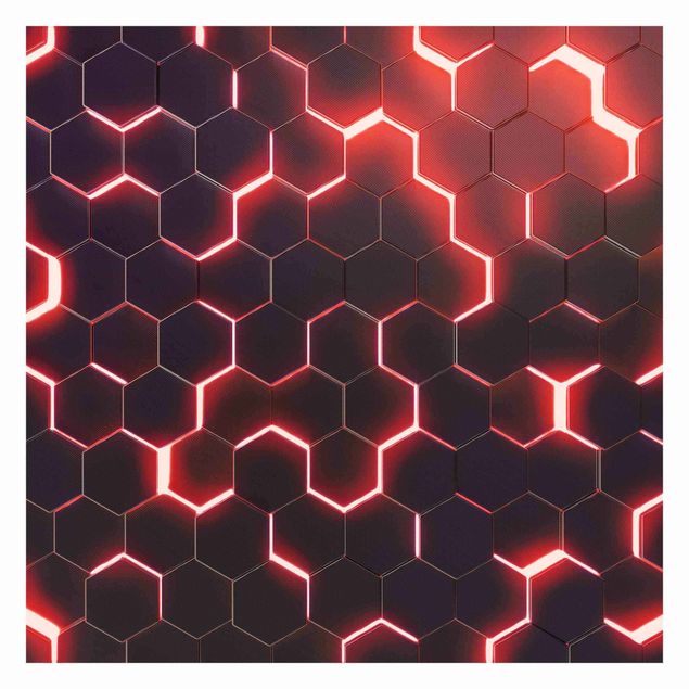 Fototapete - Strukturierte Hexagone mit Neonlicht in Rot