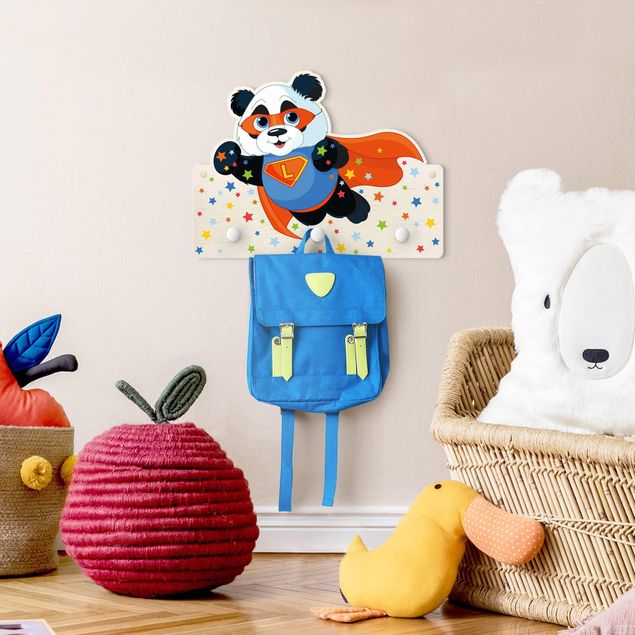 Kindergarderobe Holz - Super Panda mit Wunschbuchstaben