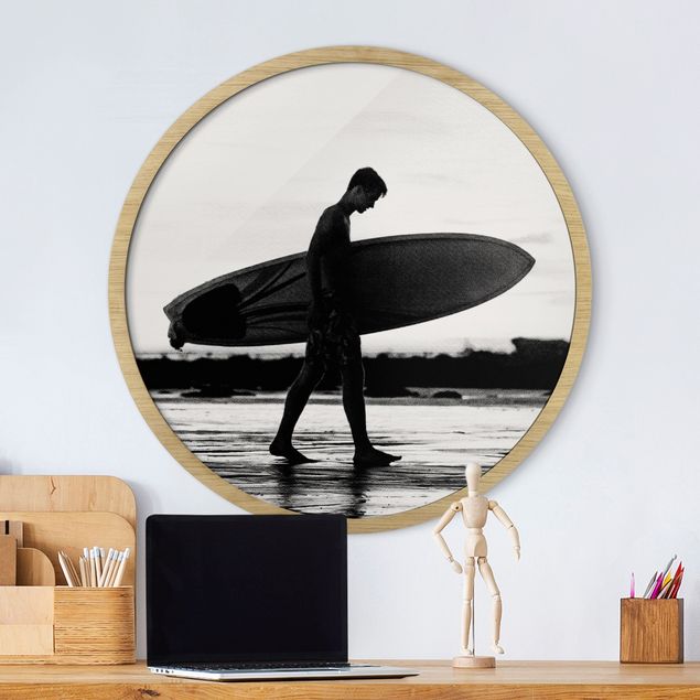 Runde gerahmte Bilder Surferboy im Schattenprofil