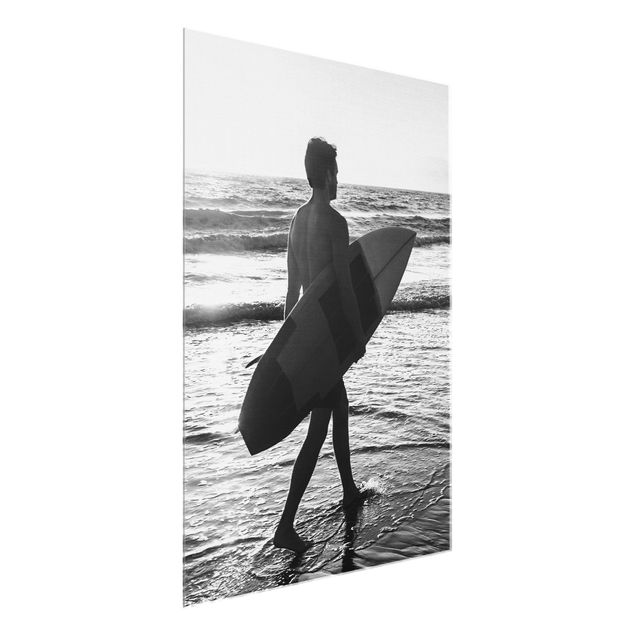 Glasbild - Surferboy im Sonnenuntergang - Hochformat