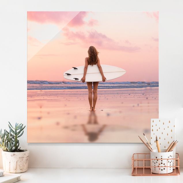 Glas Magnettafel Surfergirl mit Board im Abendrot