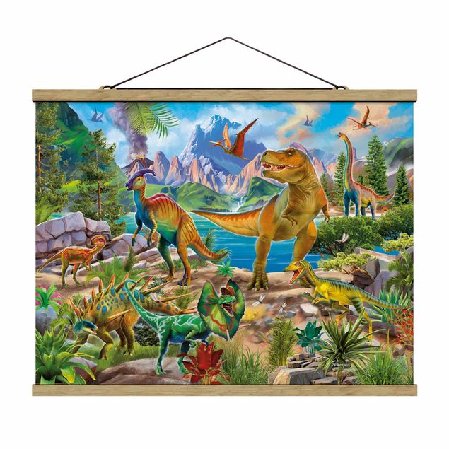 Stoffbild mit Posterleisten - T-Rex und Parasaurolophus - Querformat 4:3