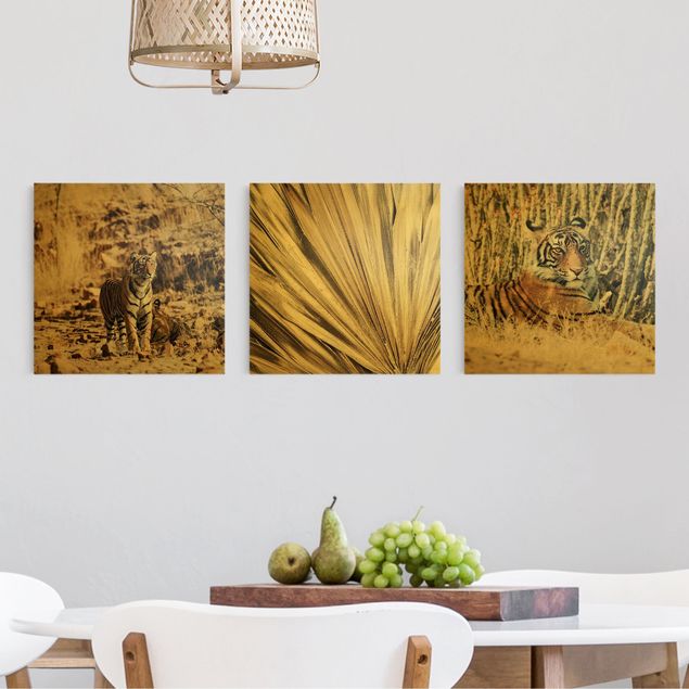 Leinwandbild 3-teilig - Tiger und goldene Palmenblätter