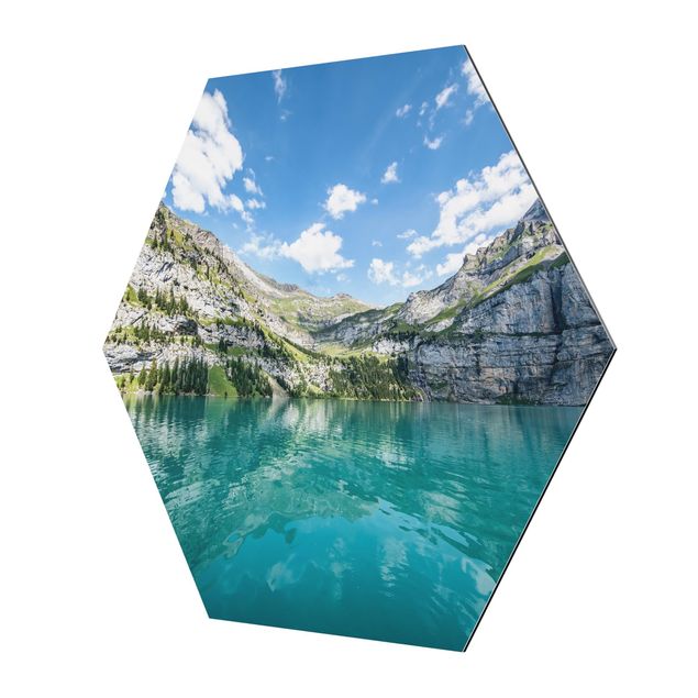 Hexagon Bild Alu-Dibond - Traumhafter Bergsee