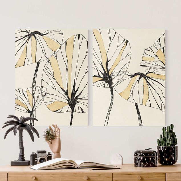 2-teiliges Leinwandbild - Tropische Blätter mit Gold