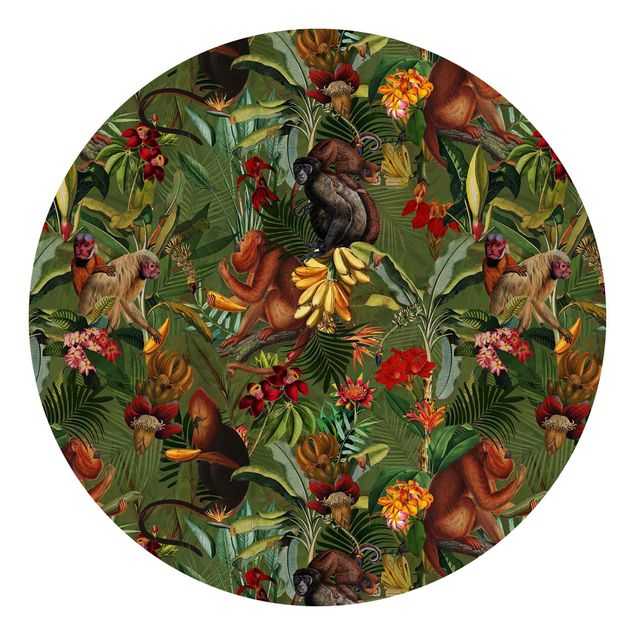 Runde Tapete selbstklebend - Tropische Blumen mit Affen