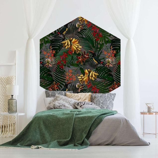 Hexagon Mustertapete selbstklebend - Tropische Farne mit Tucan Grün