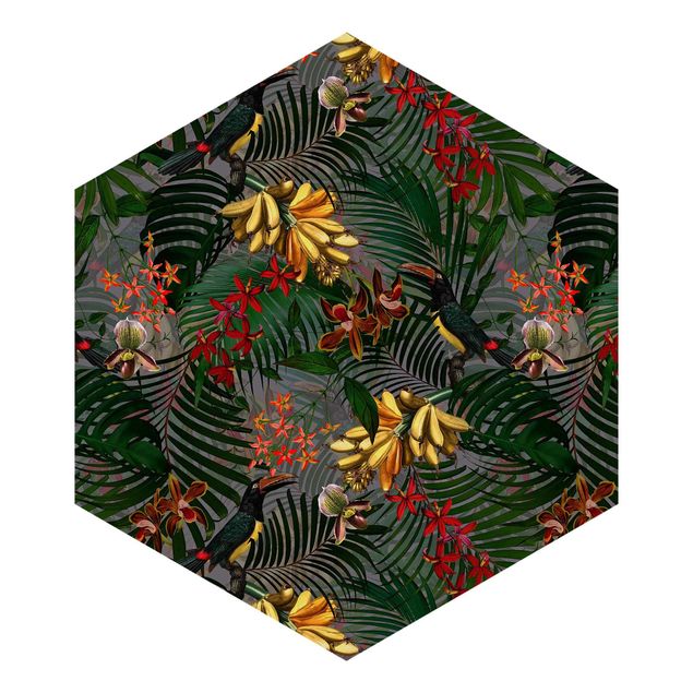Hexagon Mustertapete selbstklebend - Tropische Farne mit Tucan Grün