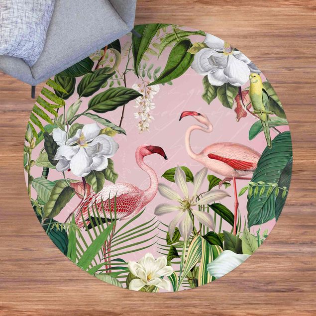 outdoor-teppich wetterfest Tropische Flamingos mit Pflanzen in Rosa
