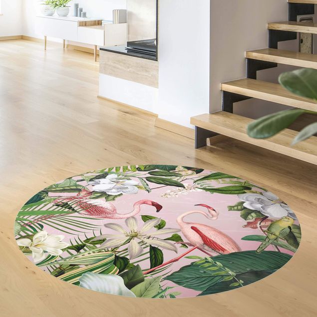 Moderner Teppich Tropische Flamingos mit Pflanzen in Rosa