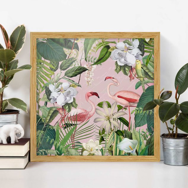 Bild mit Rahmen - Tropische Flamingos mit Pflanzen in Rosa - Quadrat