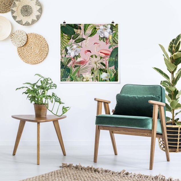 Poster - Tropische Flamingos mit Pflanzen in Rosa - Quadrat 1:1