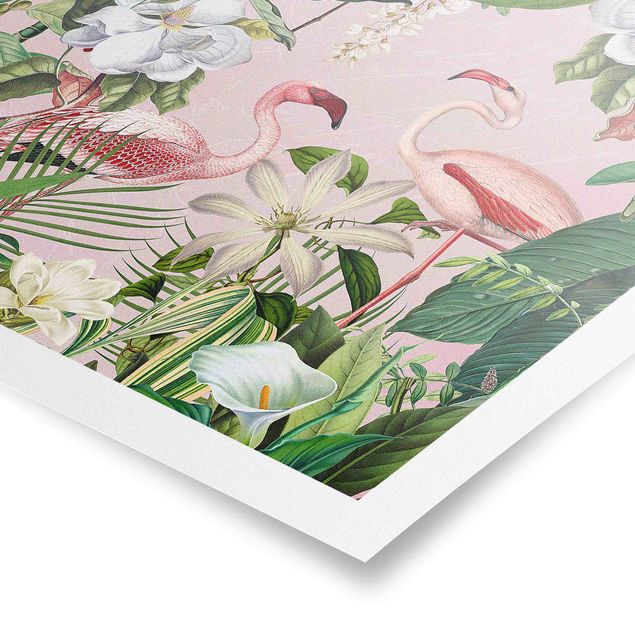 Poster - Tropische Flamingos mit Pflanzen in Rosa - Quadrat 1:1