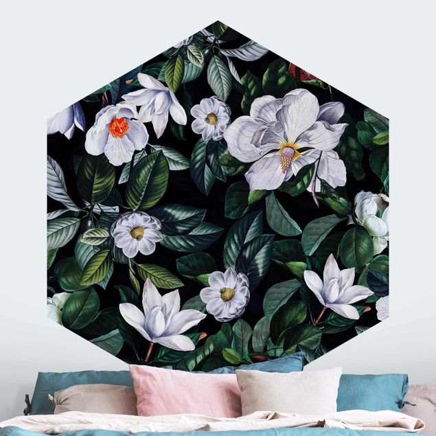 Hexagon Mustertapete selbstklebend - Tropische Nacht mit weißen Blumen