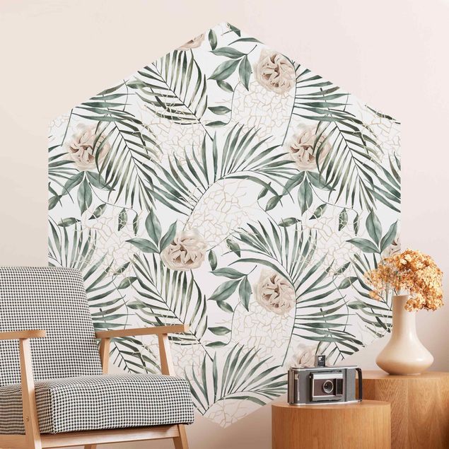 Hexagon Mustertapete selbstklebend - Tropische Palmenbögen mit Rosen Aquarell