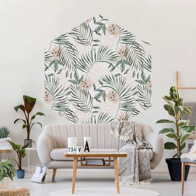 Hexagon Mustertapete selbstklebend - Tropische Palmenbögen mit Rosen Aquarell