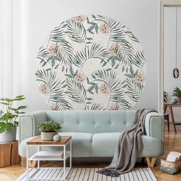 Runde Tapete selbstklebend - Tropische Palmenbögen mit Rosen Aquarell