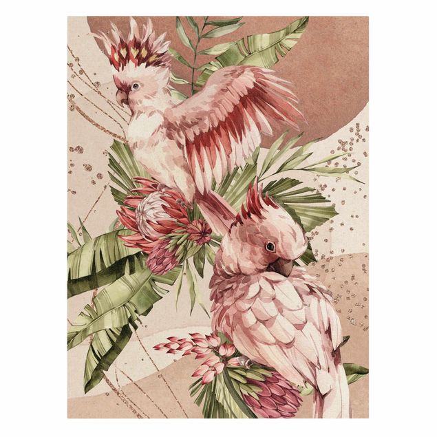 Leinwandbild Gold - Tropische Vögel - Pinke Kakadus - Hochformat 3:4