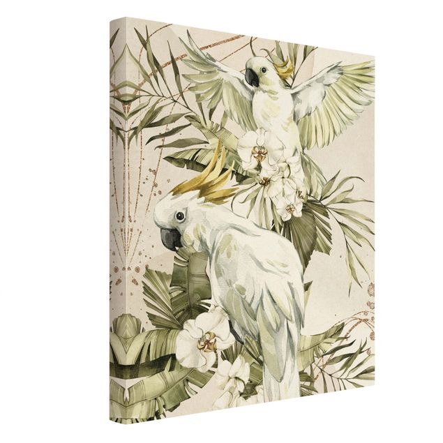 Leinwandbild Gold - Tropische Vögel - Weiße Kakadus - Hochformat 3:4