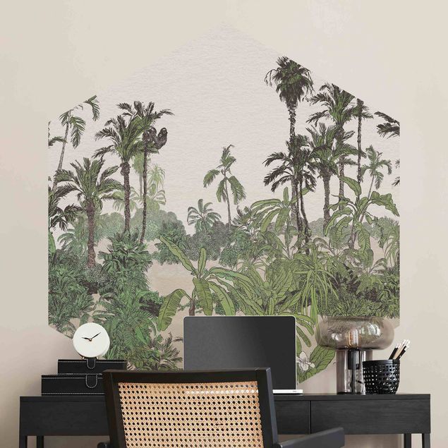 Hexagon Mustertapete selbstklebend - Tropische Zeichnung - Dschungel mit Aquarell