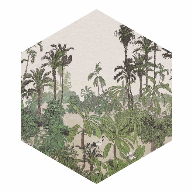 Hexagon Mustertapete selbstklebend - Tropische Zeichnung - Dschungel mit Aquarell