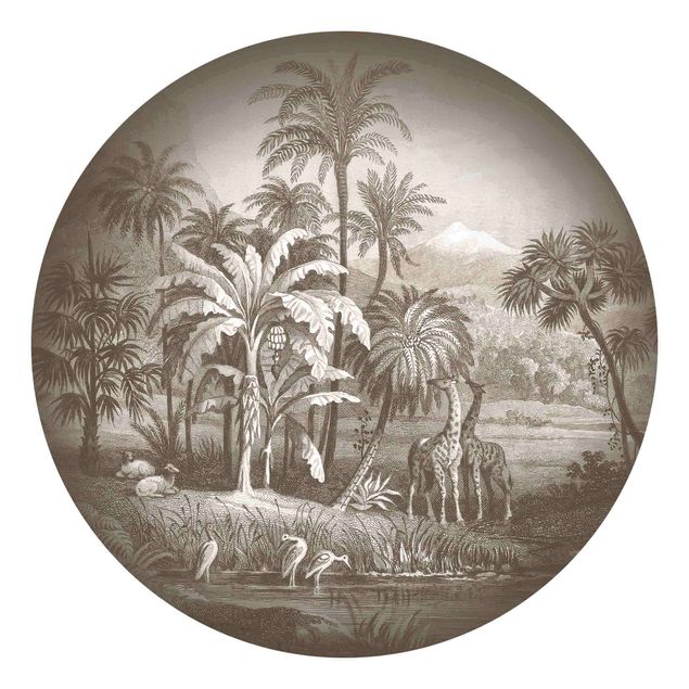 Runde Tapete selbstklebend - Tropischer Kupferstich mit Giraffen in Braun
