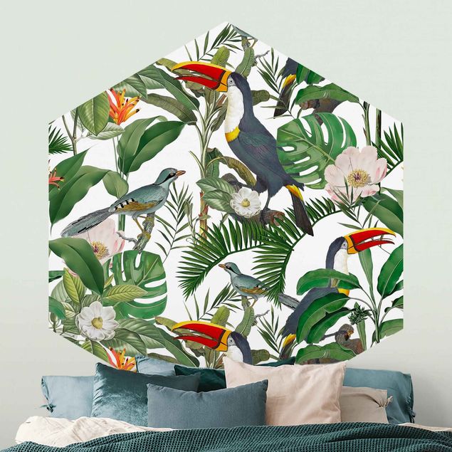Hexagon Mustertapete selbstklebend - Tropischer Tukan mit Monstera und Palmenblättern