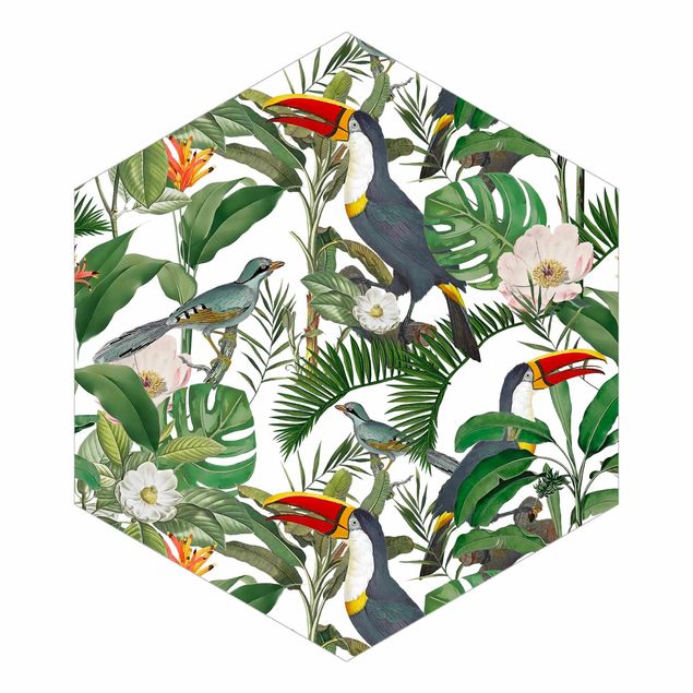 Hexagon Mustertapete selbstklebend - Tropischer Tukan mit Monstera und Palmenblättern