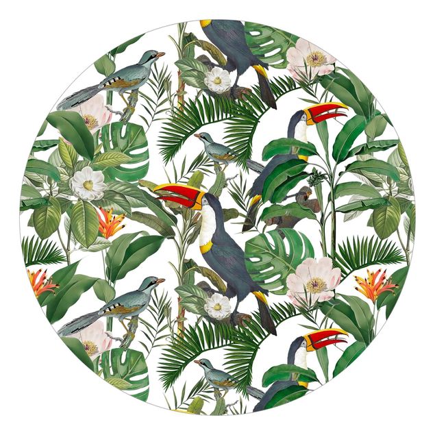 Runde Tapete selbstklebend - Tropischer Tukan mit Monstera und Palmenblättern