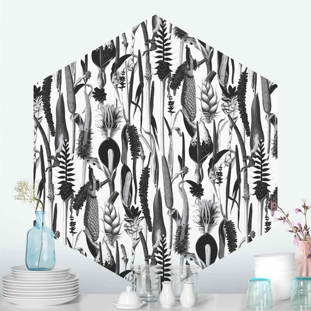 Hexagon Mustertapete selbstklebend - Tropisches Luxus Muster Schwarz-Weiß
