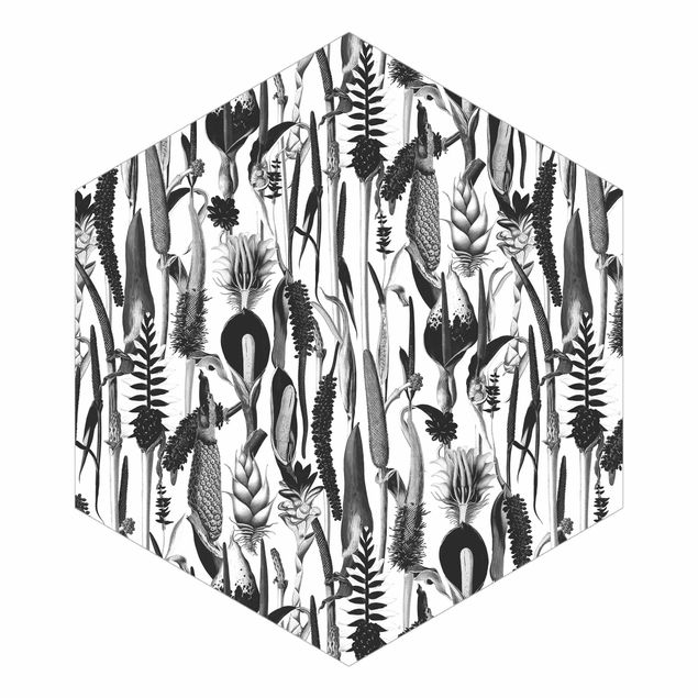 Hexagon Mustertapete selbstklebend - Tropisches Luxus Muster Schwarz-Weiß