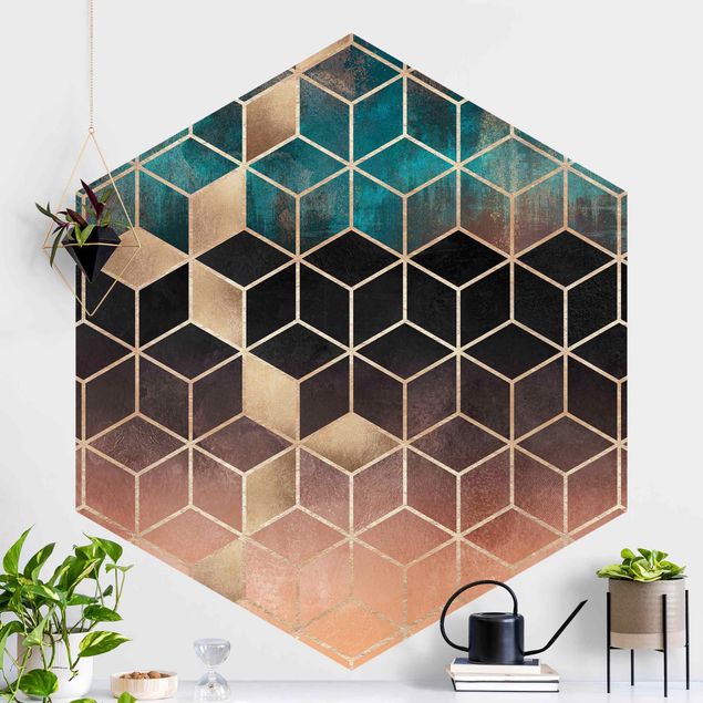 Hexagon Mustertapete selbstklebend - Türkis Rosé goldene Geometrie