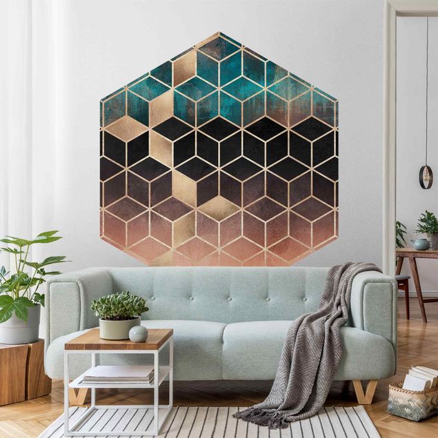 Hexagon Mustertapete selbstklebend - Türkis Rosé goldene Geometrie