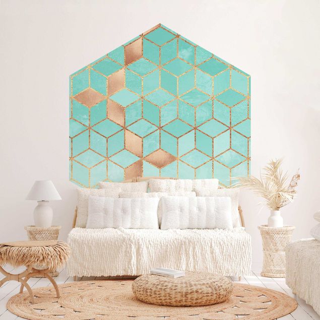 Hexagon Mustertapete selbstklebend - Türkis Weiß goldene Geometrie