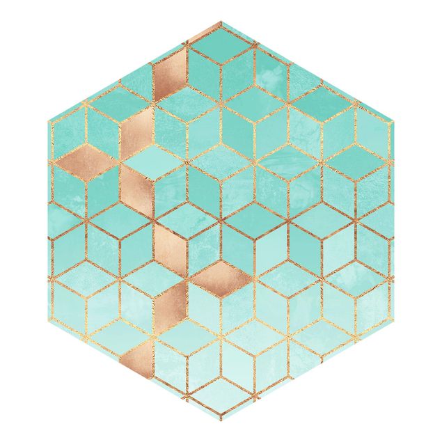 Hexagon Mustertapete selbstklebend - Türkis Weiß goldene Geometrie