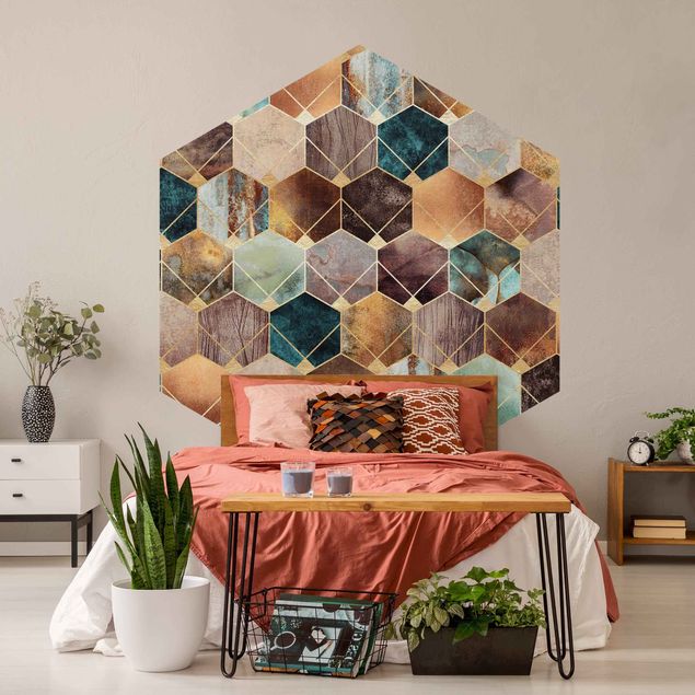 Hexagon Mustertapete selbstklebend - Türkise Geometrie goldenes Art Deco