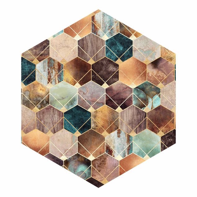 Hexagon Mustertapete selbstklebend - Türkise Geometrie goldenes Art Deco