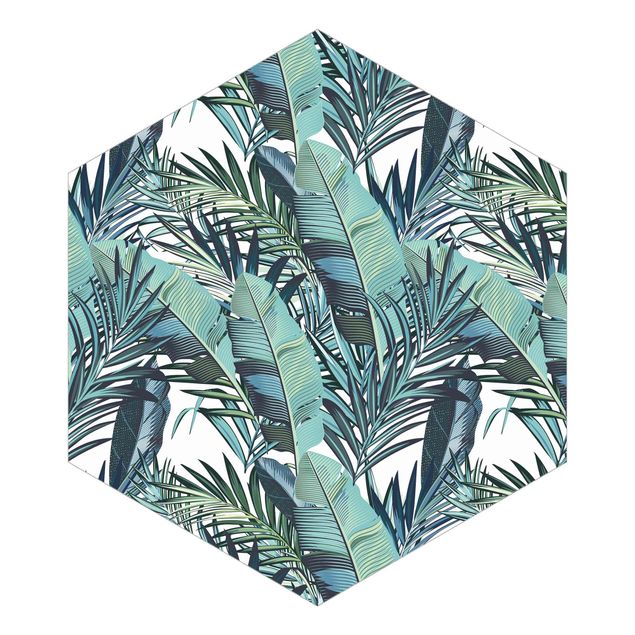 Hexagon Mustertapete selbstklebend - Türkises Blätterdschungel Muster