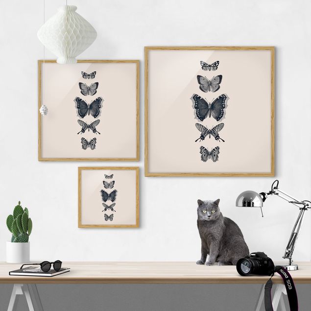 Bild mit Rahmen - Tusche Schmetterlinge auf Beige - Quadrat