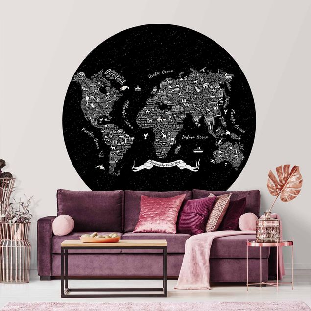 Runde Tapete selbstklebend - Typografie Weltkarte schwarz
