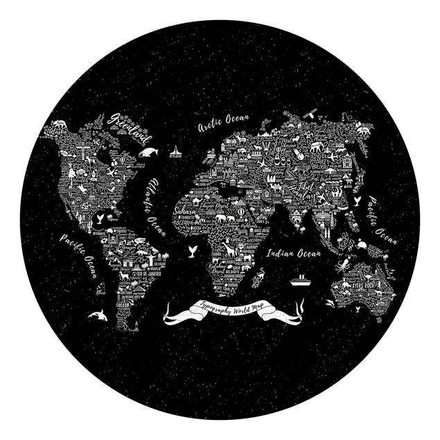 Runde Tapete selbstklebend - Typografie Weltkarte schwarz