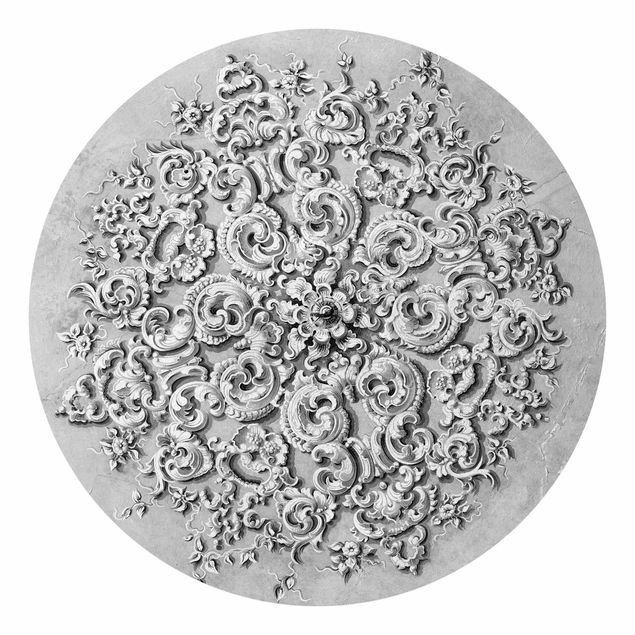 Runde Tapete selbstklebend - Viktorianische Ornamentik mit Patina in Schwarz-Weiß