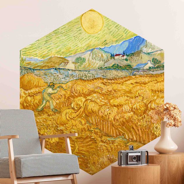 Hexagon Mustertapete selbstklebend - Vincent van Gogh - Kornfeld mit Schnitter