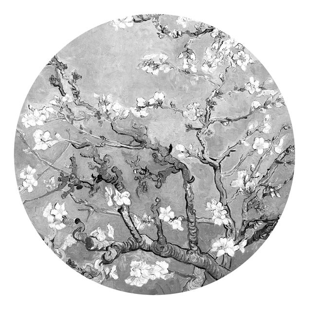 Runde Tapete selbstklebend - Vincent van Gogh - Mandelblüte Schwarz-Weiß