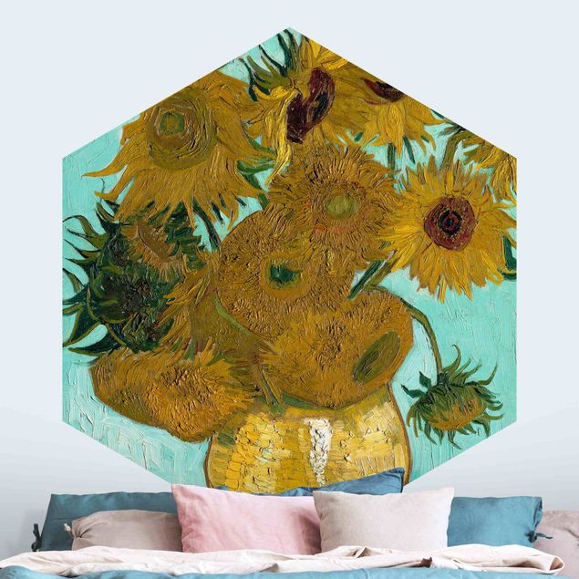 Hexagon Mustertapete selbstklebend - Vincent van Gogh - Vase mit Sonnenblumen