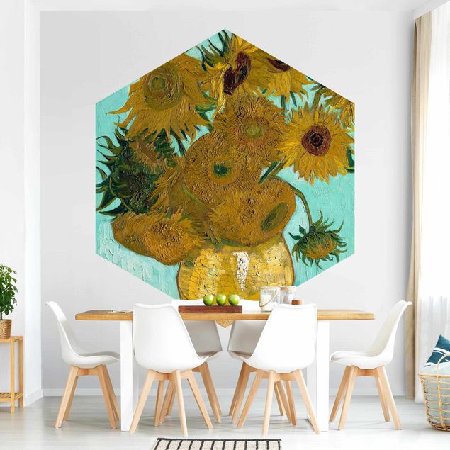 Hexagon Mustertapete selbstklebend - Vincent van Gogh - Vase mit Sonnenblumen